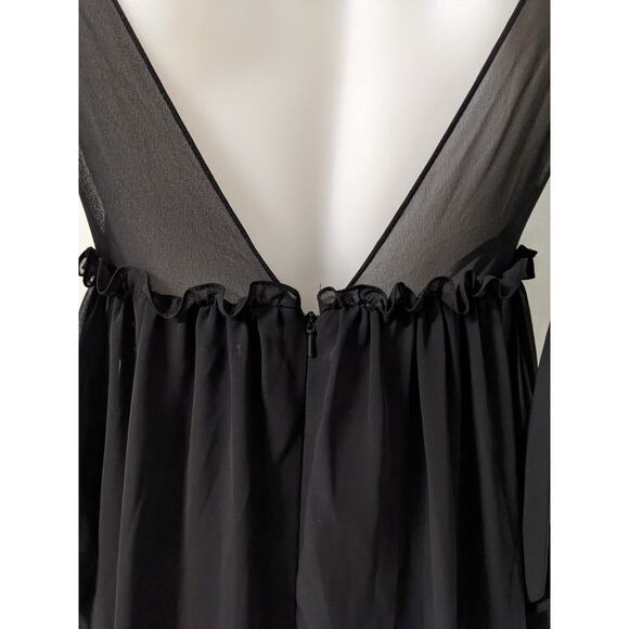 Leena for Mac Duggal Size 0 Ruffle Maxi Shift Tiered Dress Black V Neck Sheer - Picture 12 of 15